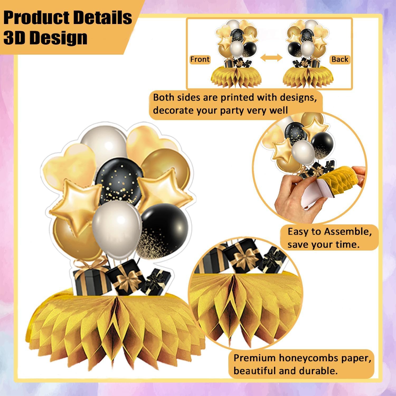 Shalve 40Th Birthday Party Decorations Honeycomb Centerpieces Table 18Pcs Decorations Supplies Vintage for Men Gold Topper Cheers Back Decor image number 1