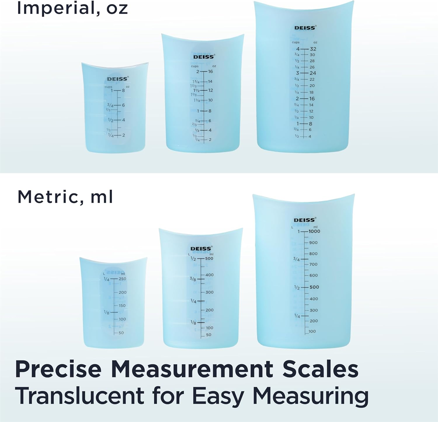 Deiss PRO 3 Piece Silicone Measuring Cup Set - Versatile & Durable, Easy-Pour Spout, Non-Stick for Easy Clean, Heat-Resistant - Squeeze & Pour Liquid Measuring Cups - Ideal for Baking, Cooking, Resin image number 3
