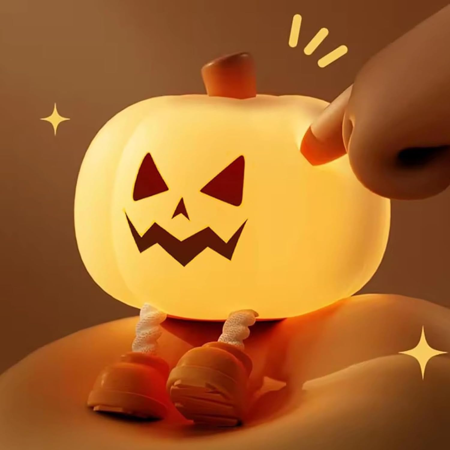 Mischievous Grinning Pumpkin Night Light, Cute Halloween Pumpkin Night Light, Soft Silicone Bedside Touch Lamp with 3 Level Dimmable, Halloween Pumpkins Nights Lights (Style A) image number 4