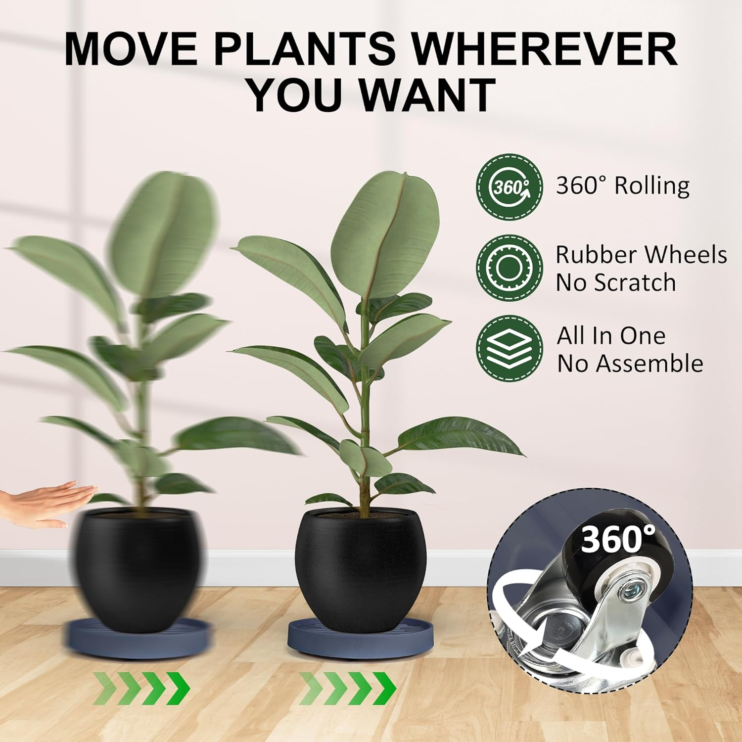 30Cm Plant Caddy with Hidden Wheels, 4 Invisible Caters, Rolling Plants Stand with Wheel Dolly, Wheeled Planter Roller Base, Indoor Pots Holder Tray Plants Pallet, Dark Blue-Grey, 2Pack image number 4