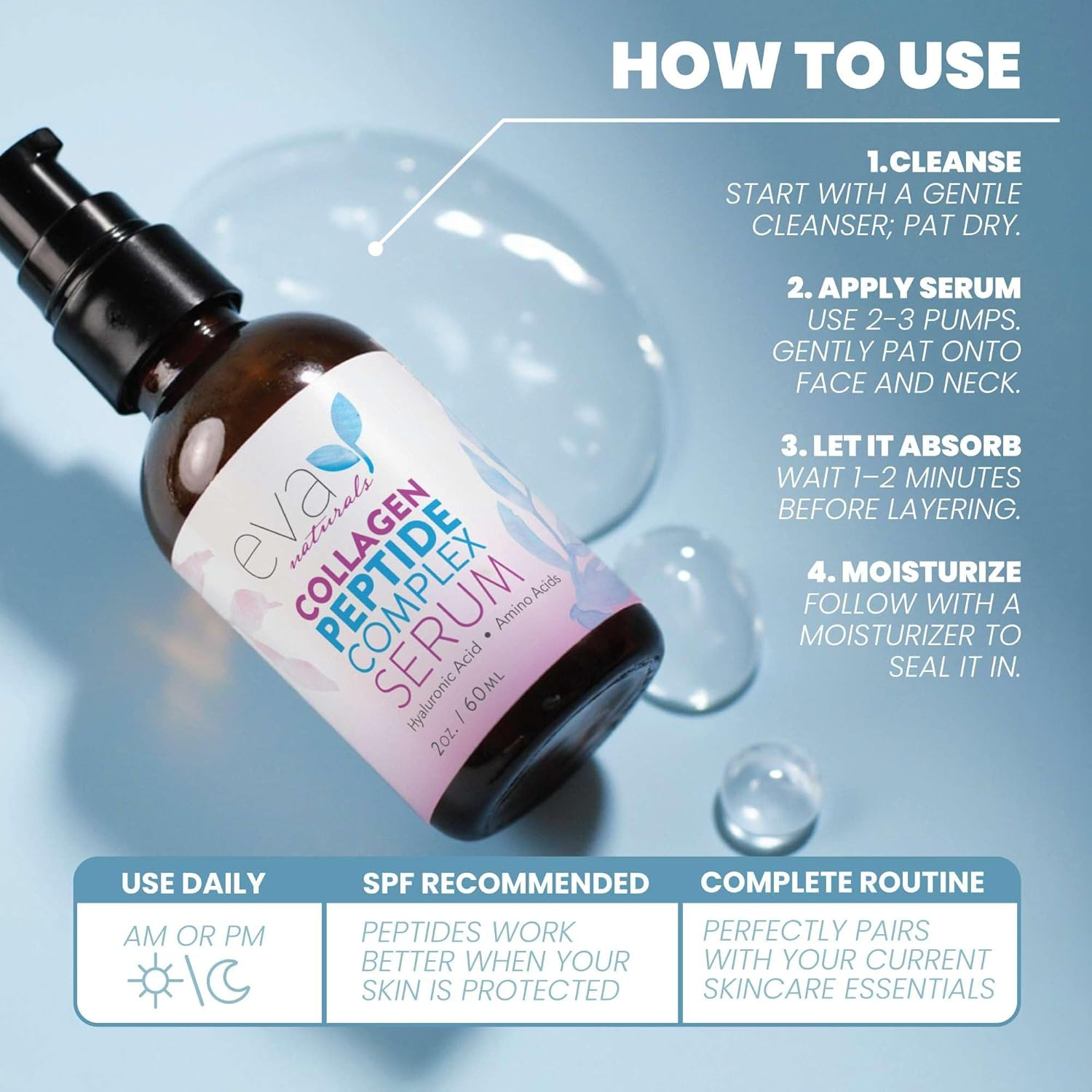 Peptide Complex Serum by Eva Naturals (2 Oz) - Best Anti-Aging Face Serum Reduces Wrinkles and Boosts Collagen - Heals and Repairs Skin While Improving Tone and Texture - Hyaluronic Acid & Vitamin E image number 3