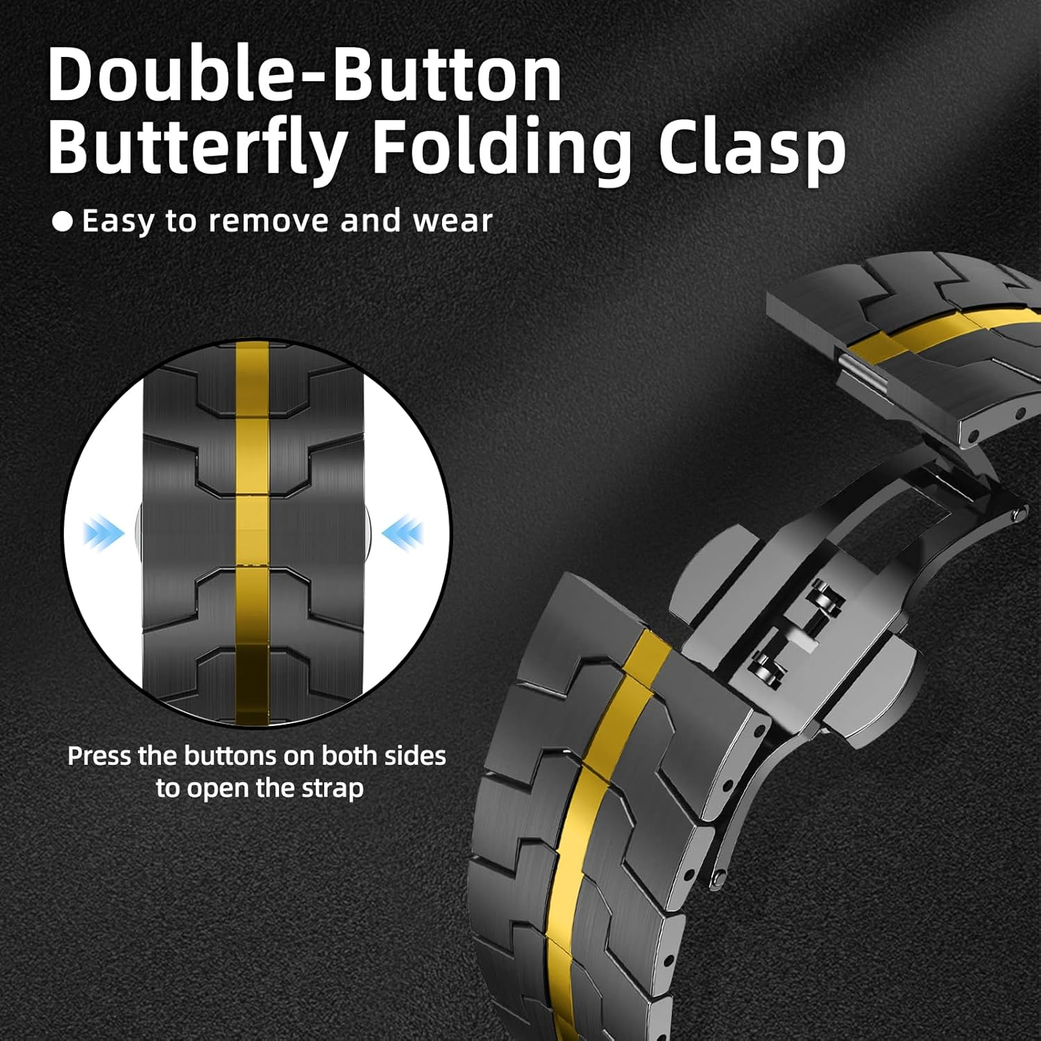 Hinzann 22Mm Strap for Amazfit T-Rex 3 Pro 48Mm/Balance 2/Balance/Bip 6/Bip 5/5 Unity, Metal Stainless Steel Band for Amazfit Cheetah/Cheetah Pro/Gtr 4/GTR 3 Pro/Gtr 3/GTR 2E/Gtr 2 - Black Gold image number 5