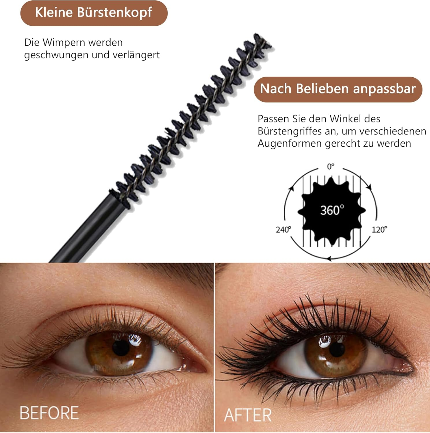 Erinde Pack of 2 Black and Brown Mascara with Fine Brush, Waterproof Mascara, Long-Lasting and Smudge-Proof Mascara, Extremely Volume, Natural Long Eyelashes, Swinging & Voluminous, Clump-Free image number 6