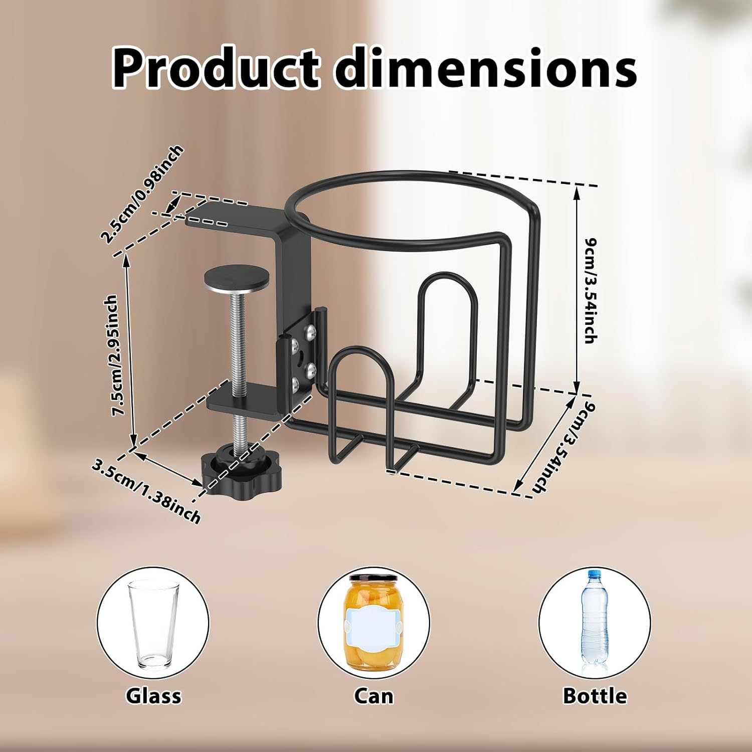 Desk Cup Holder, Clamp on Cup Holder with Adjustable Side Opening Metal Iron Versatile Easy to Install Clip on for Home Office Dormitory Use image number 4