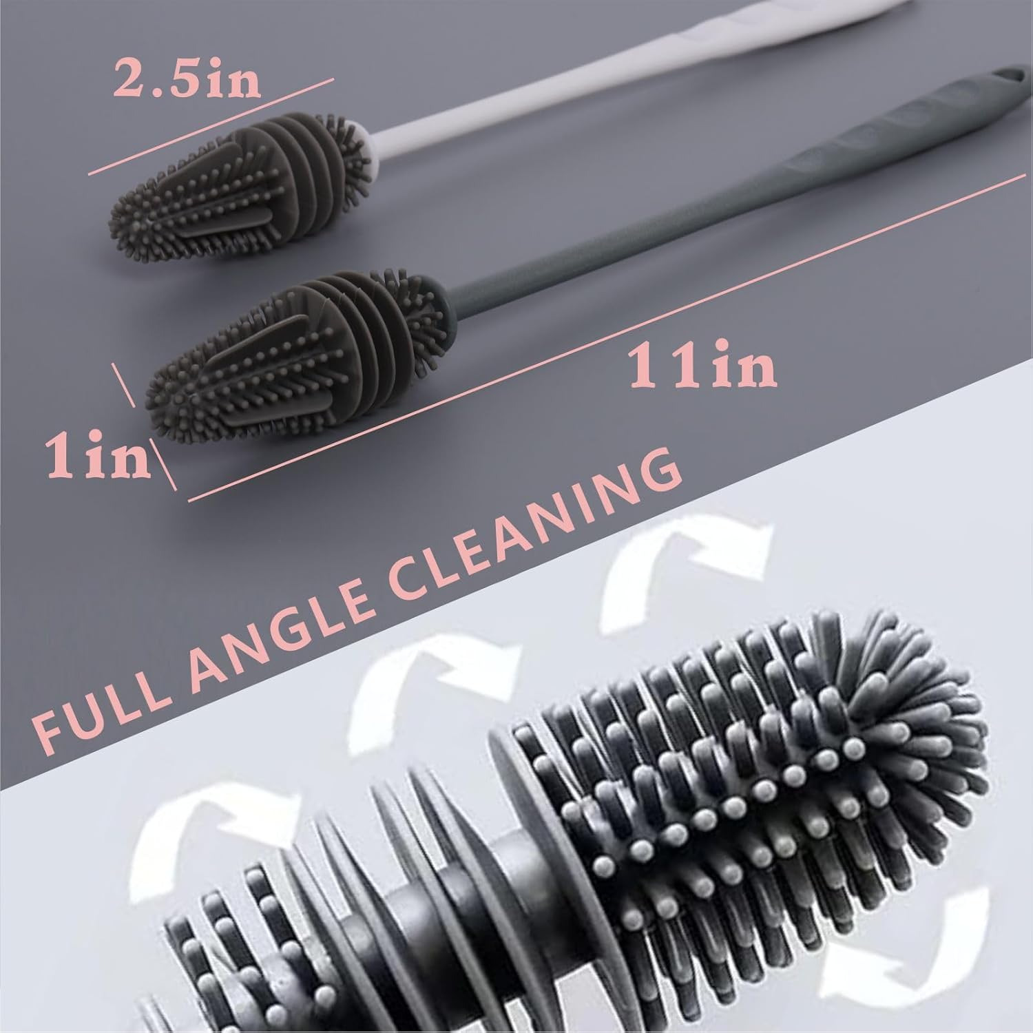 Silicone Bottle Brush,Long Handled Silicone Bottle,Perfect for Cleaning Brush Cleaning Vases, Sports Bottles, Glassware Water Bottles, Suitable for Cleaning Narrow Neck Container (2 PCS Grey White) image number 4