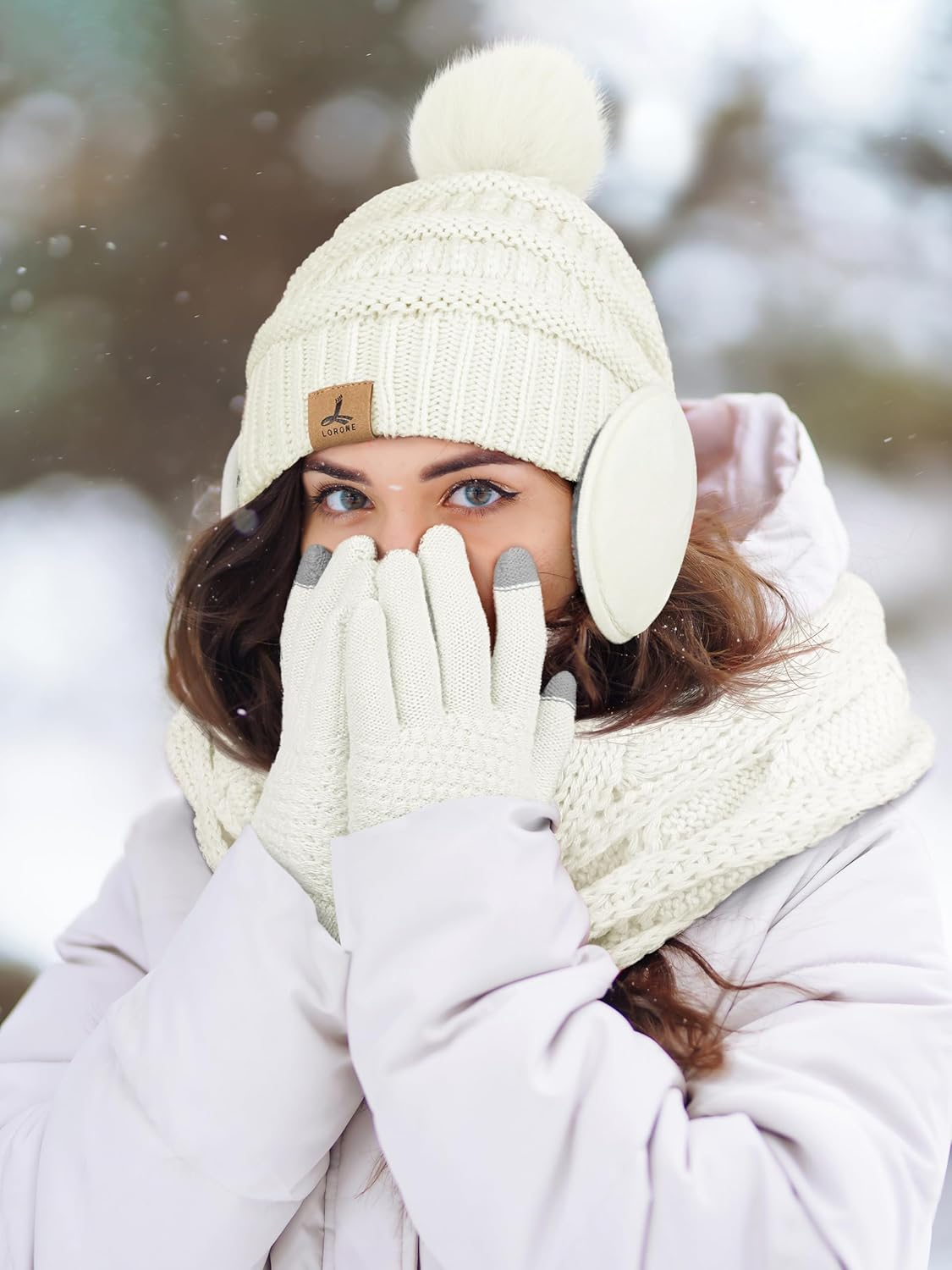 Winter Hat Scarf Gloves and Ear Warmer, Warm Knit Beanie Hat Touch Screen Gloves Set Winter Gifts Neck Scarves for Women - Beige Black Mix image number 5