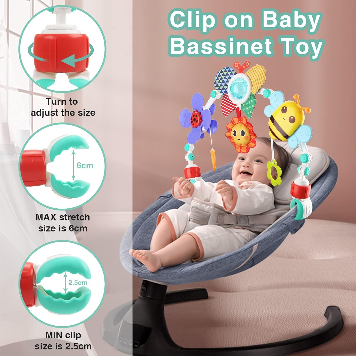 Baby Stroller Arch Toy, Newborns Sensory Activity Arch Toy with Teethers, Rattle & Windmill, Crib Car Seat Toys for Infants Toddlers 0-12 Month, Developmental 1-2 Year Old Boys Girls image number 3