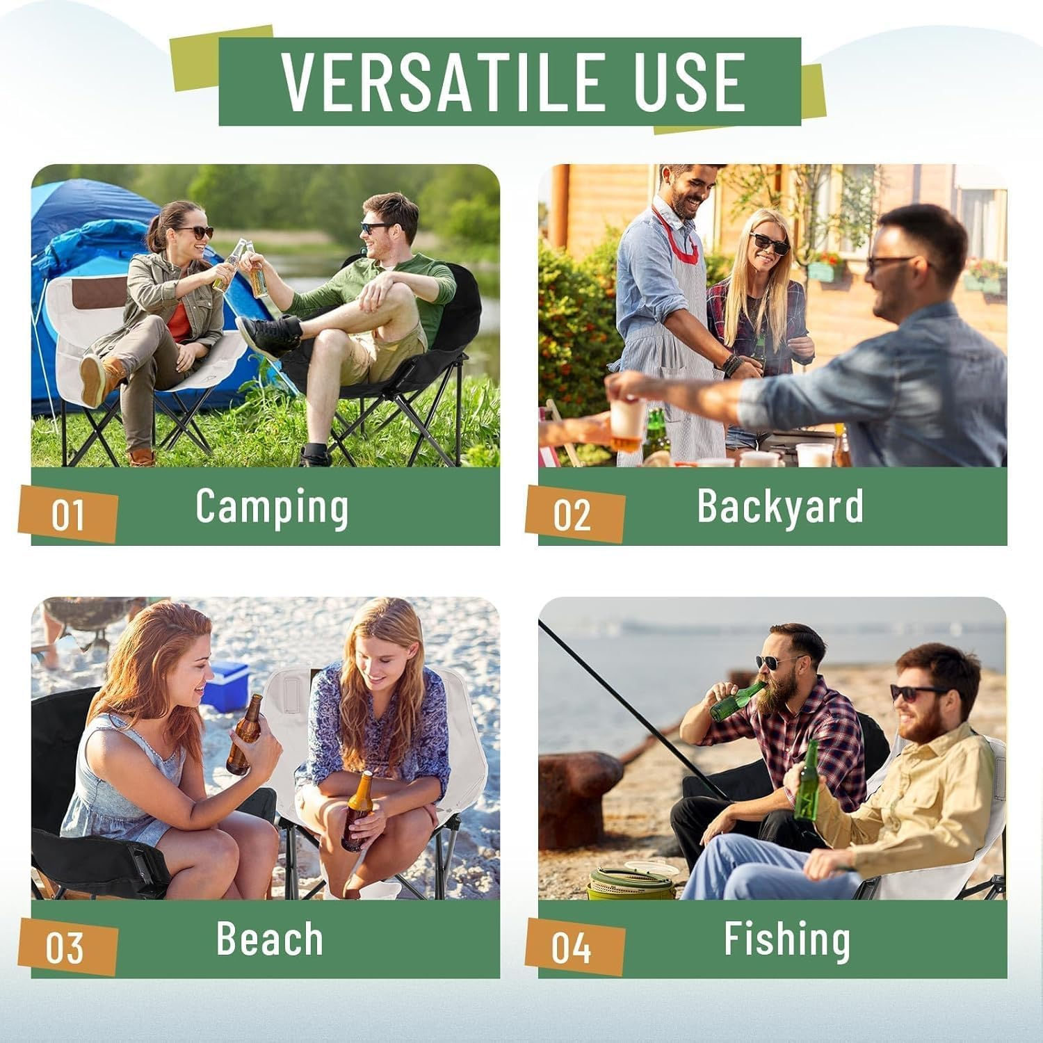 Camping Chair, Portable Folding Outdoor Chairs for Adult with Carry Bag and Side Pockets, Lightweight Folding Moon round Chair and Lawn Chairs for outside Fishing, Hiking, BBQ, Travel, Beach (Black) image number 6