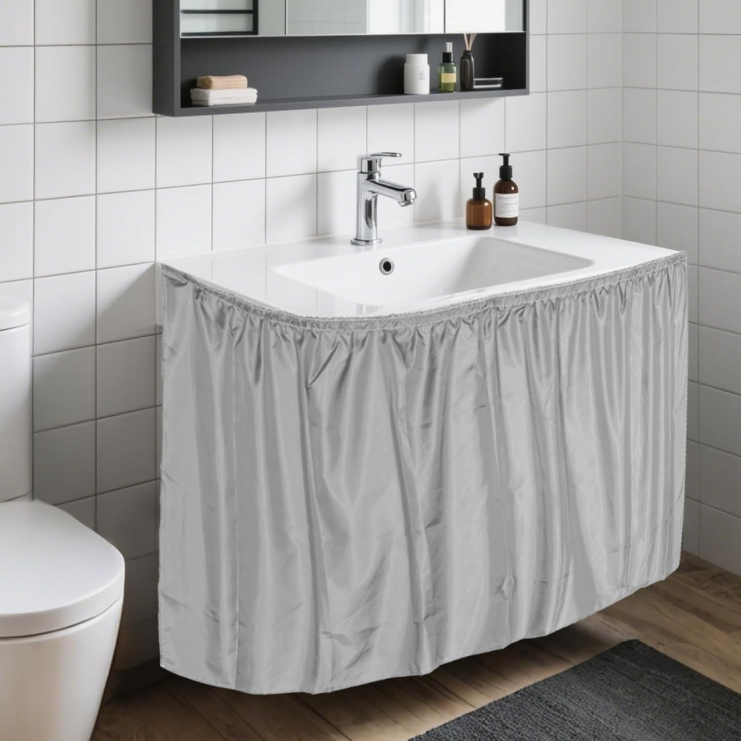 Sink Skirt for Bathroom, 32.7X55.1In Polyester Decorative Sink Curtain Bathroom Waterproof Skirt Curtain Practical Accessories Supplies for Kitchen Laundry Room (Grey) - Grey image number 2