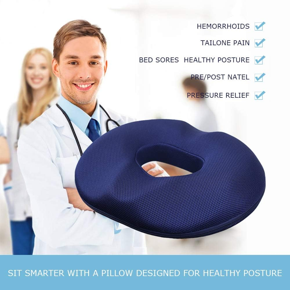 Seat Cushion, Memory Foam Blue Donut Cushion for Tailbone and Coccyx Pain, Lower Back Pain, Pressure Relief, for Home, Office Chair, Wheelchair, Car Seat image number 1