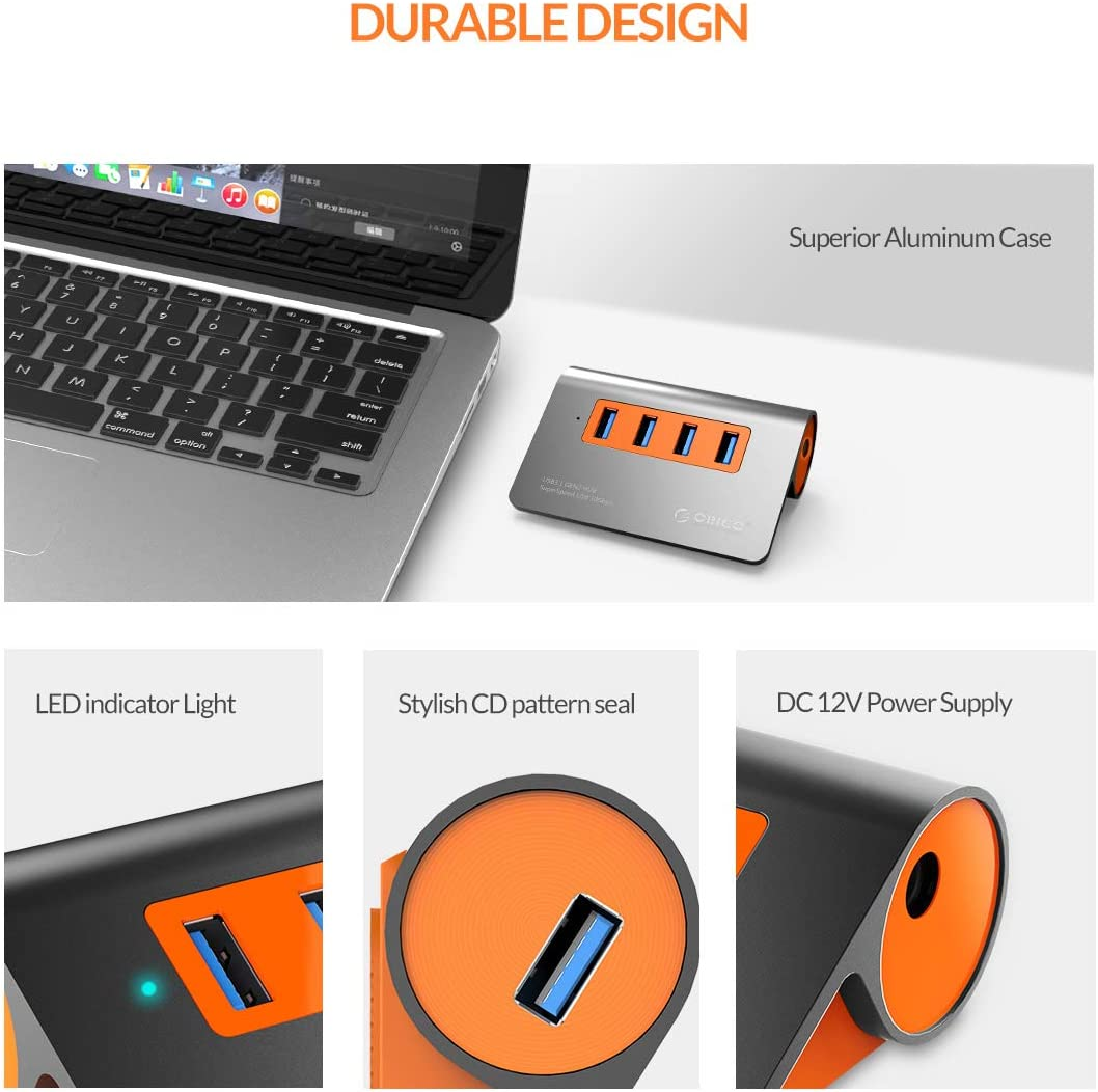 ORICO 4 Ports Powered USB 3.1 Gen2 Hub Aluminum Data Hub 10 Gbps Superspeed USB Splitter with 12V/2A Power Adapter for Desktop Pc/Laptop