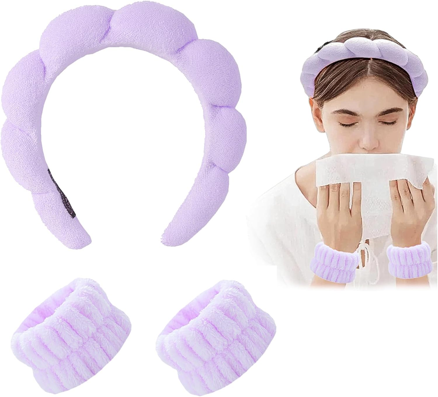 Headband Wrist Wash Band Set, Spa Face Hairband Wrist, Wrist Spa Wash Band, Sponge and Terry Cloth Fabric Headband, Wrist Makeup, Hair Band Velvet, Face Cleansing (#5) - 3 image number 5