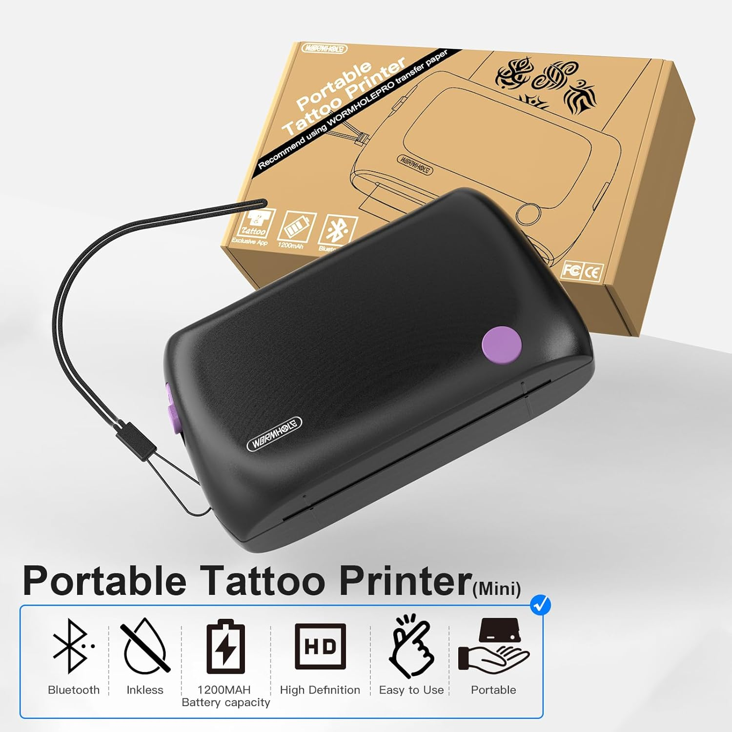 Wormhole Tattoo Stencil Printer, Mini Thermal Tattoo Printer, Bluetooth Tattoo Machines Compatible with Tablet, Smartphone for Beginners and Artists-Black image number 1