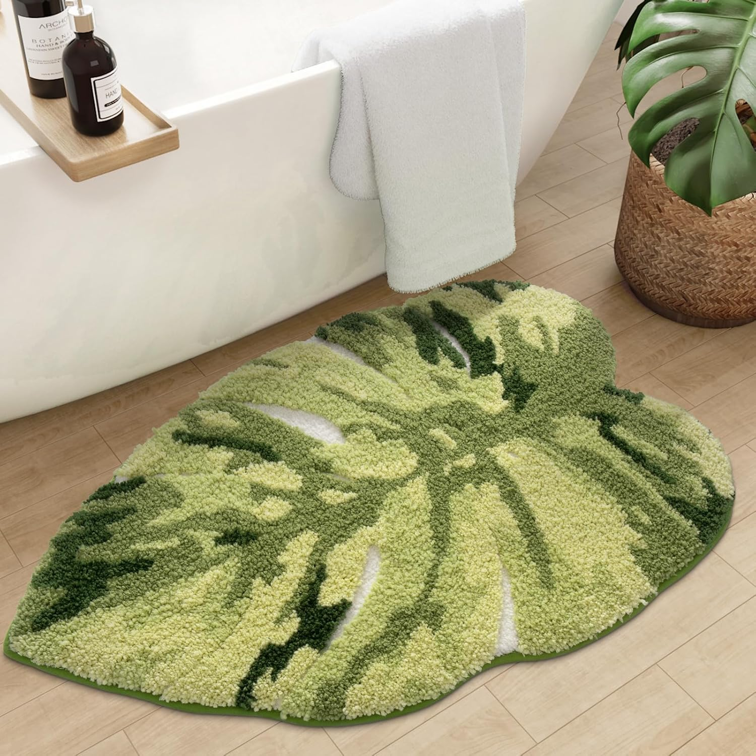 DEXI Bathroom Rugs Bath Mat Shower Floor Bathmat Non Slip Absorbent Washable Carpet Monstera Deliciosa Embossed Leaf Shaped 23.5"X31.5"