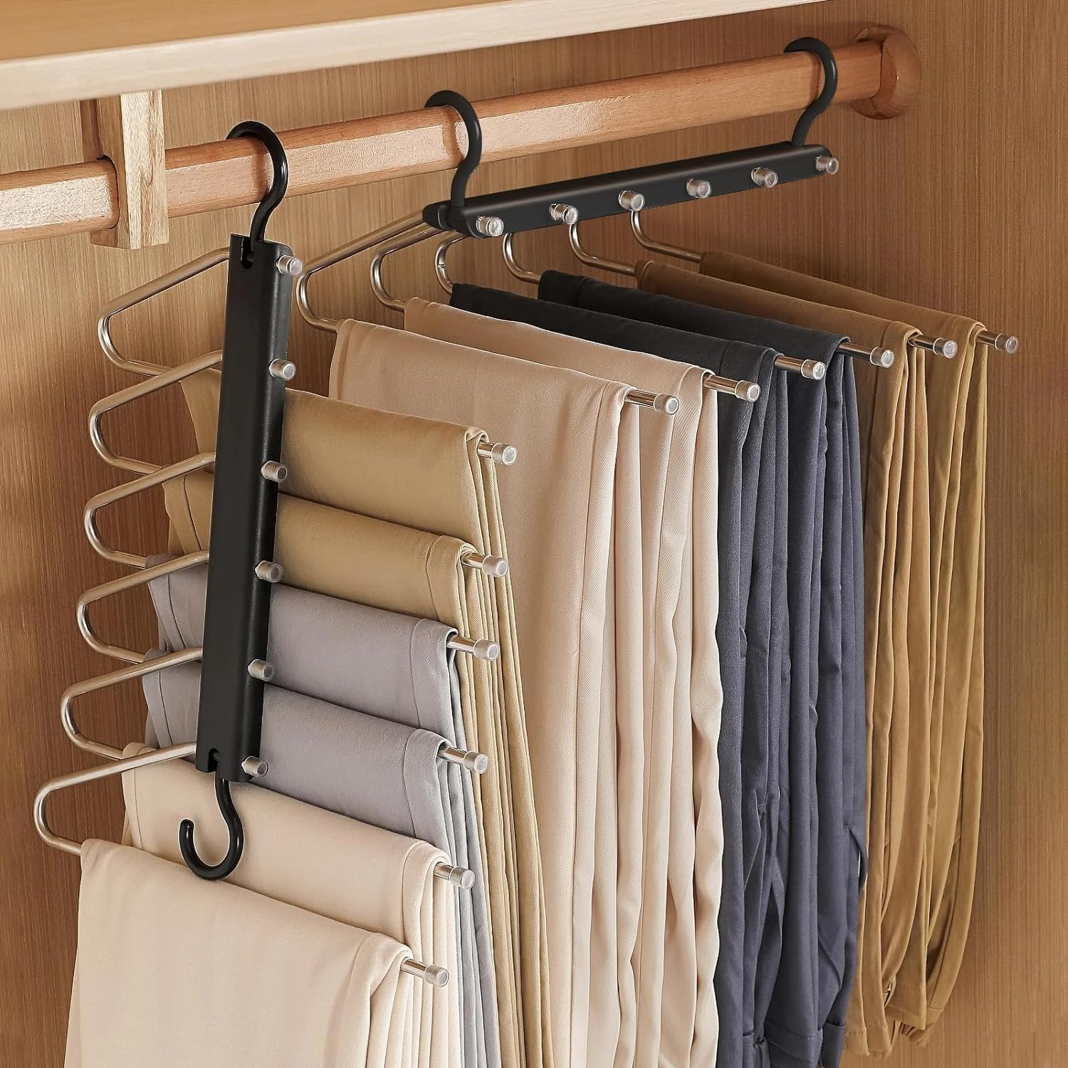 2 Pack Pants Hangers,S-Type Jeans Hanger Space Saving Folding and Telescoping Non-Slip Trousers Organizer 6 Layer Closet Organizers and Storage for Trousers Scarves Slack image number 3
