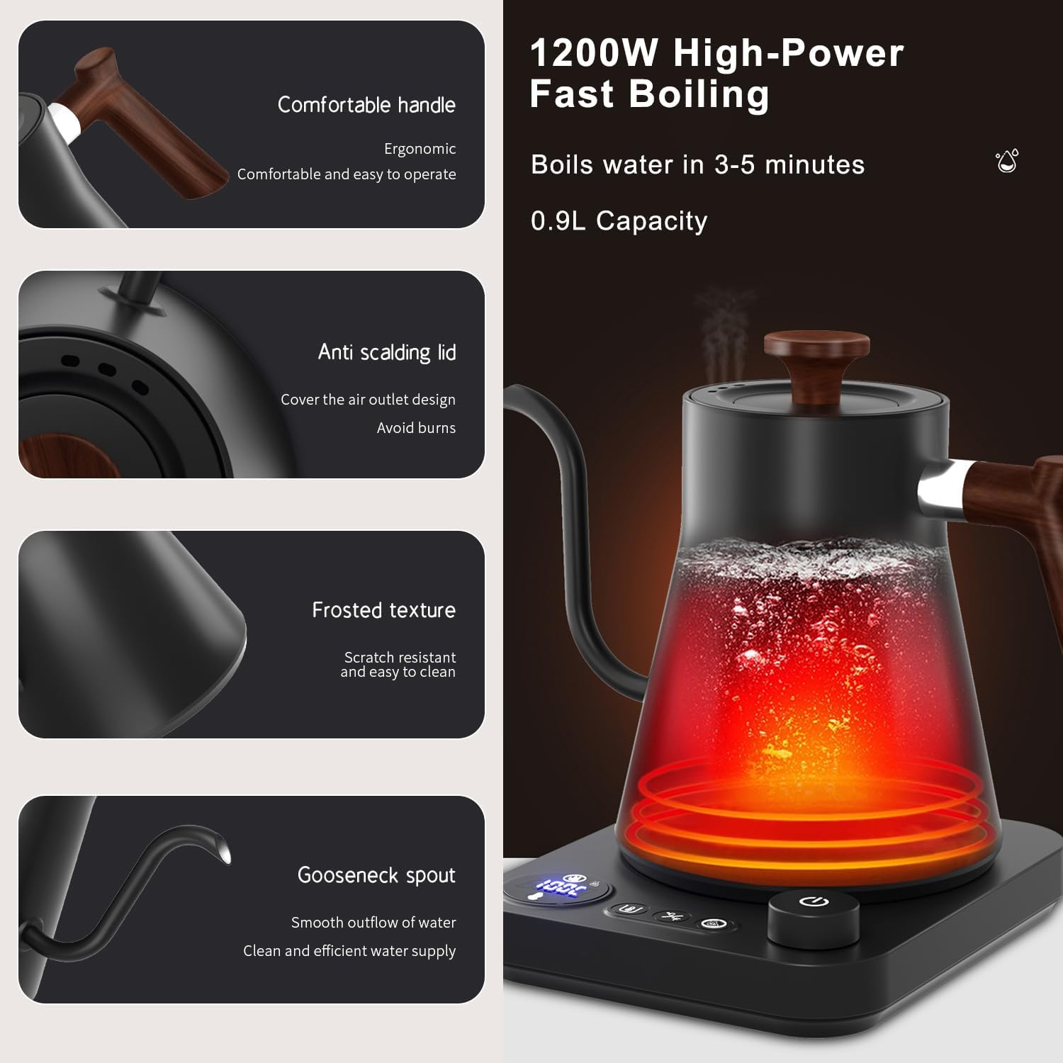 Electric Gooseneck Kettle 0.9L with LCD Display, 304 Stainless Steel Pour-Over Coffee & Tea Hot Water Boiler, Automatic Temperature Control, 1200W Quick Heating Tea Pot image number 3