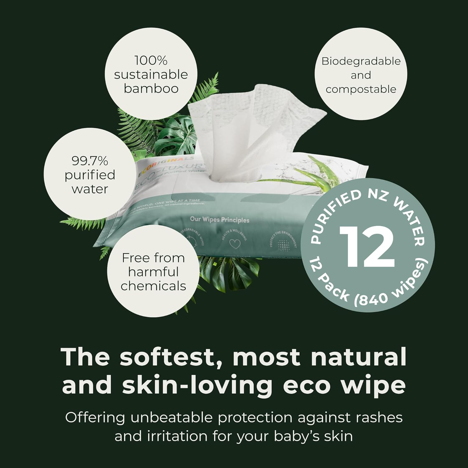 Ecoriginals - 12 Pack of Wet Wipes - Biodegradable Baby Wipes with Purified New Zealand Water, Amino Acid & Aloe Vera Extract - Sensitive Baby Wipes - Baby Essentials for Babies, 12 Pack (840 Wipes)