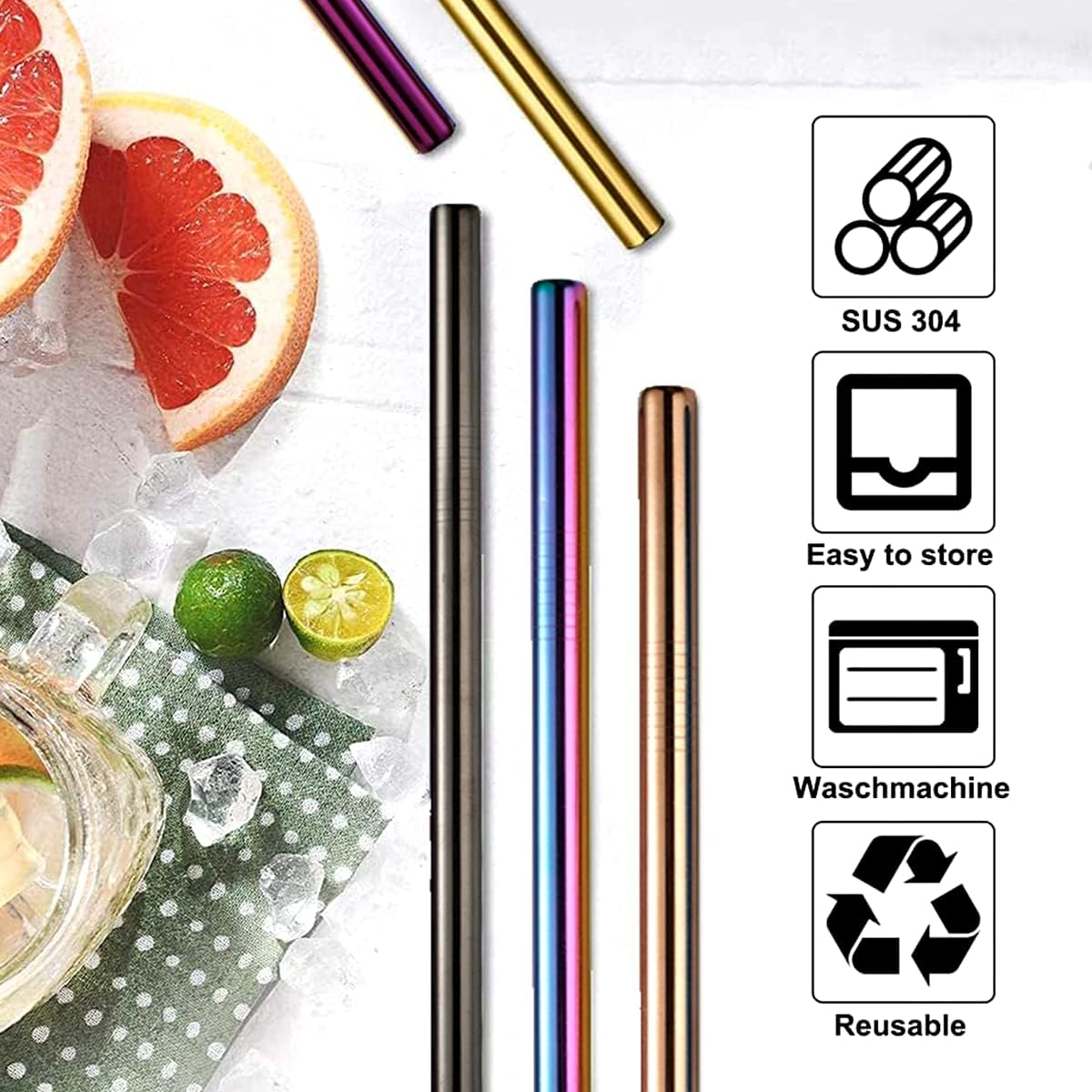 7 Pcs 8.5" Reusable Boba Drinking Straws 304 Stainless Steel Straws Set with 2 Cleaning Brushes Wide Metal Straw for Bubble Tea Milkshakes Smoothie Bar Accessory (Gold) - Mixed Color image number 5