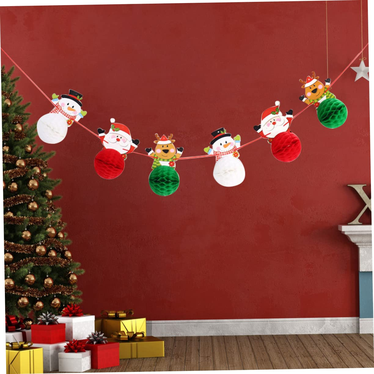 KOMBIUDA Christmas Decor Honeycomb Santa Elk Snowman Paper Banner Festive Party Decorations image number 6