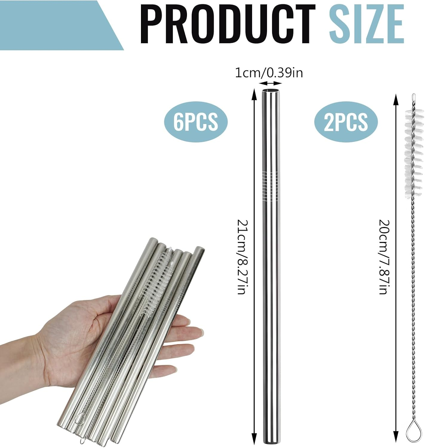 6 Pack Stainless Steel Straws Compatible with Owala Water Bottle - Stainless Steel Replacement Straws Compatible with 24Oz & 32Oz Owala Water Bottle, Includes 2 Cleaning Brushes (21Cm) image number 2