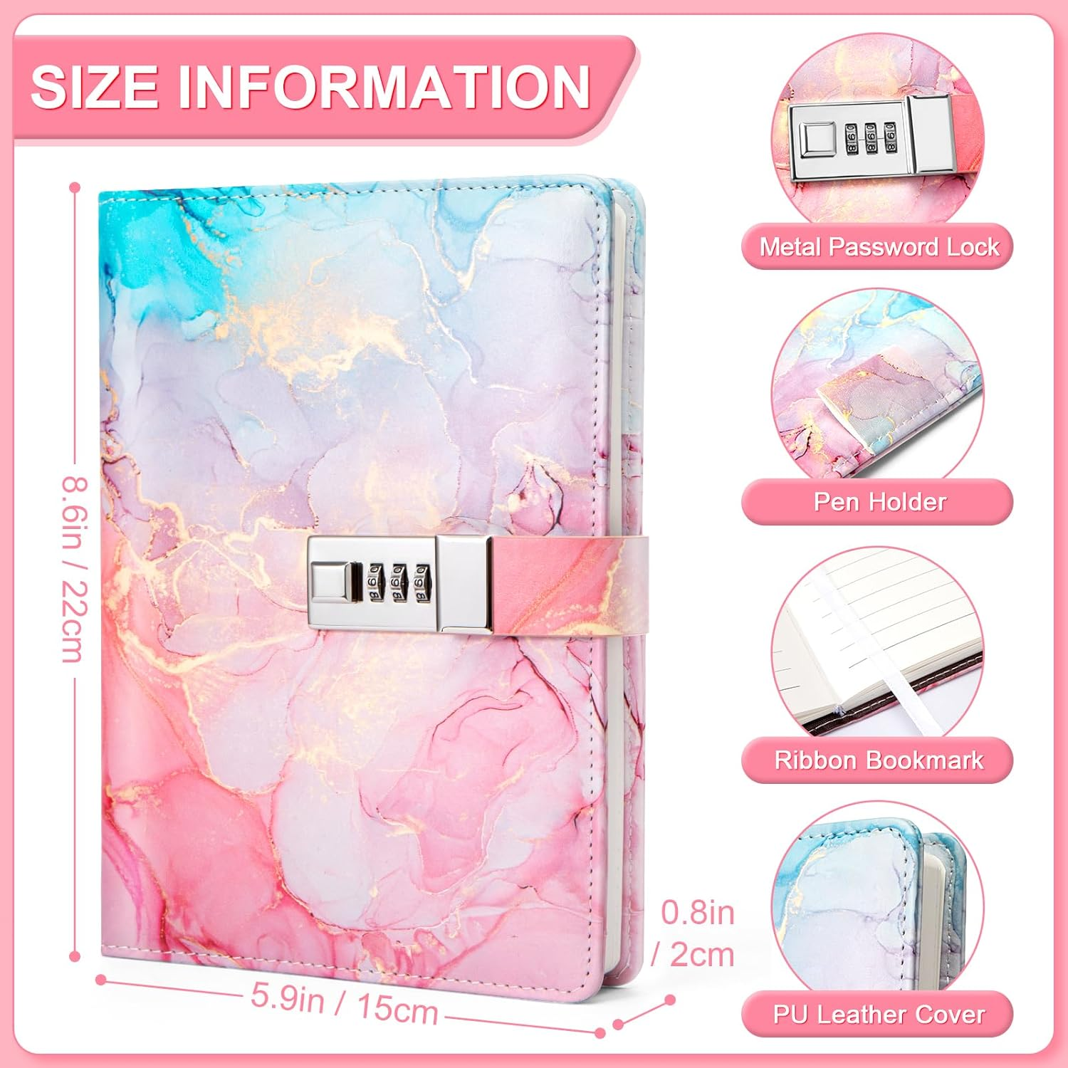 Toplive Marble Diary with Lock for Girls and Women, A5 Secret Journal with Lock, PU Leather A5 Password Notebook, Lockable Journal Diary Planner, for Girls Women, Marble Pink - Marble Pink image number 6
