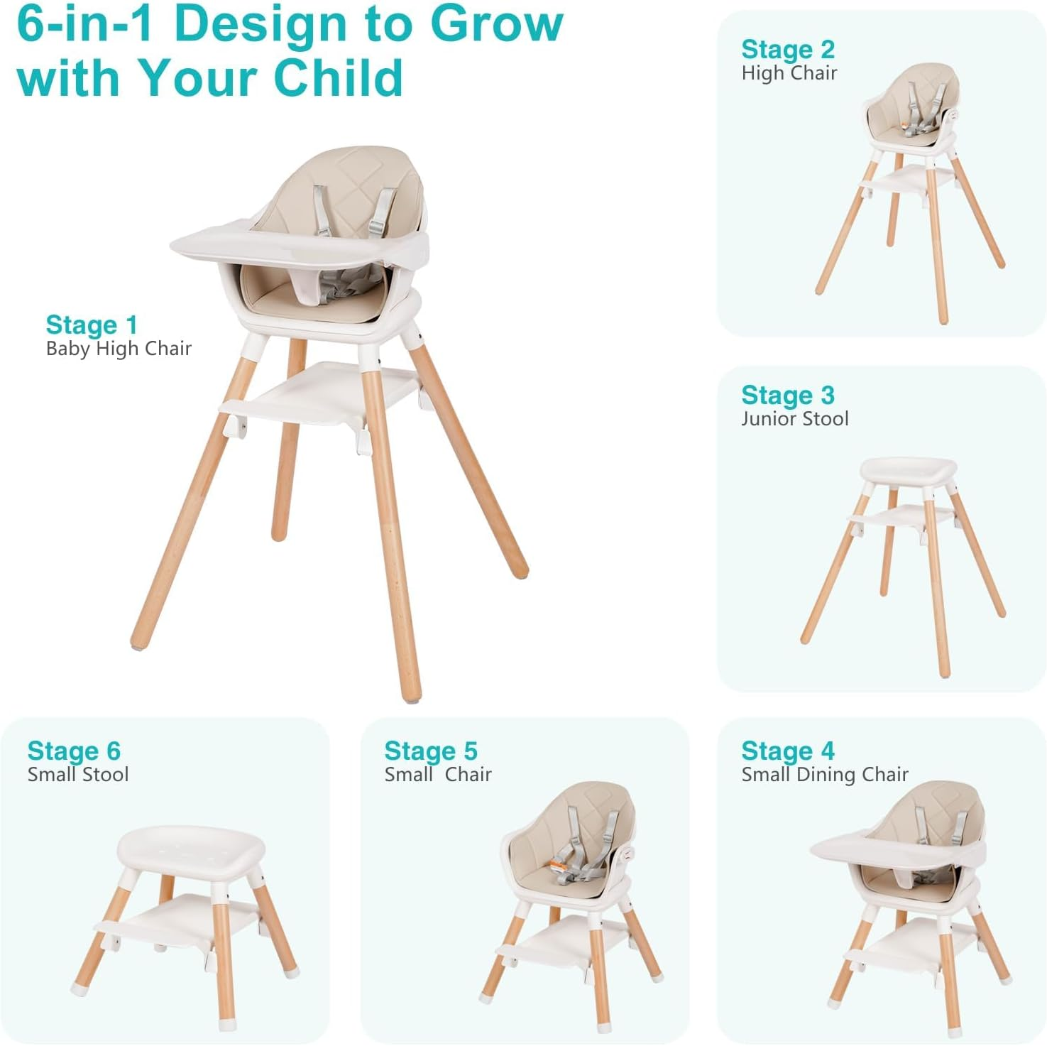 Baby High Chair, 6 in 1 Wooden Convertible High Chairs for Babies and Toddlers, Booster Seat with Double Tray & Reversible Footrest Baby Highchair, 5-Point Harness Baby Feeding Chair (Beige) image number 4