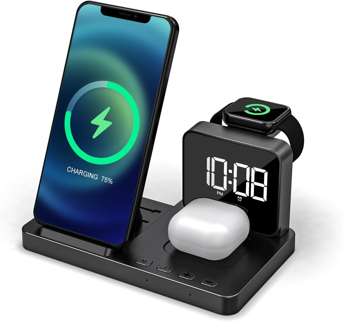 Reflexion 4-In-1 Wireless Charger with Clock and Alarm Clock, Wireless Charging Station for Smartphone, Apple Watch & Headphones, 15 W Quick Charge, Dual Alarm Function, USB-C Connection, Compact And image number 3