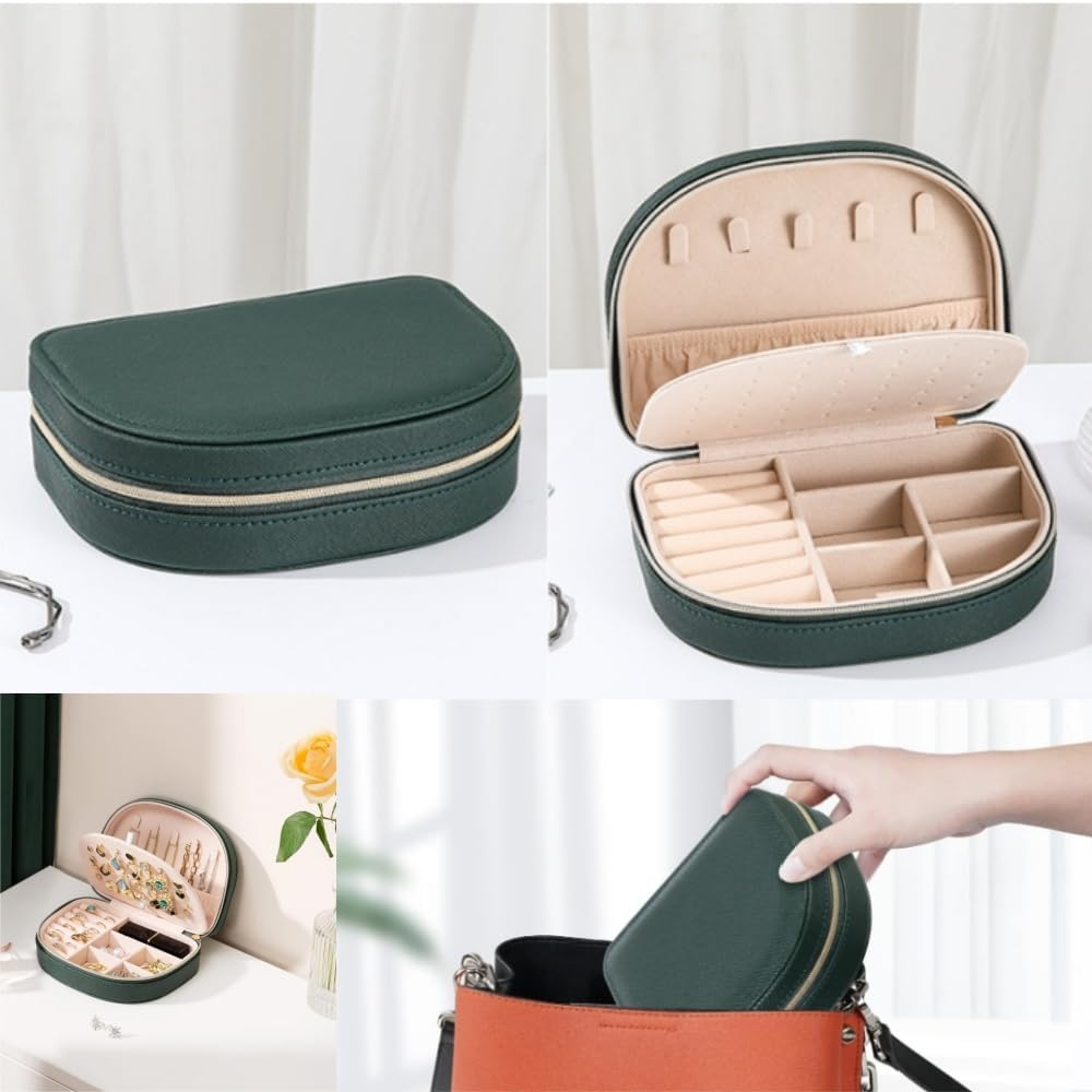 Jindizi Portable Jewelry Box, Small Travel Double Layer PU Leather Mini Jewelry Display Case Earring Necklace Bracelet Ring Organizer Holder Box-Emerald image number 1