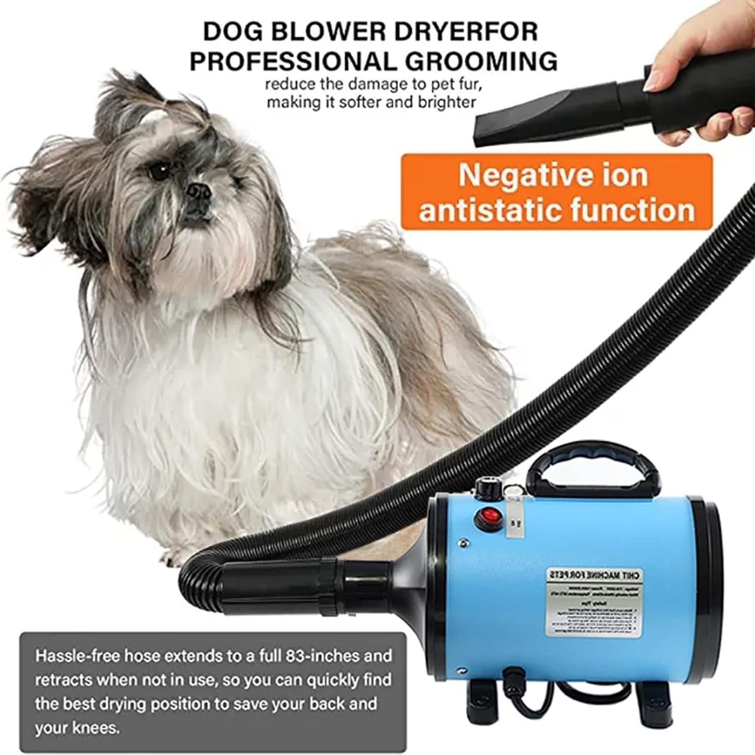 Dog Hair Dryer 2800W Dog Blaster Dryer Pet Dryer Blower Stepless Speed Professional Pet Grooming Hair Dryer with 4 Different Nozzles for Dog Cat (Blue) image number 6