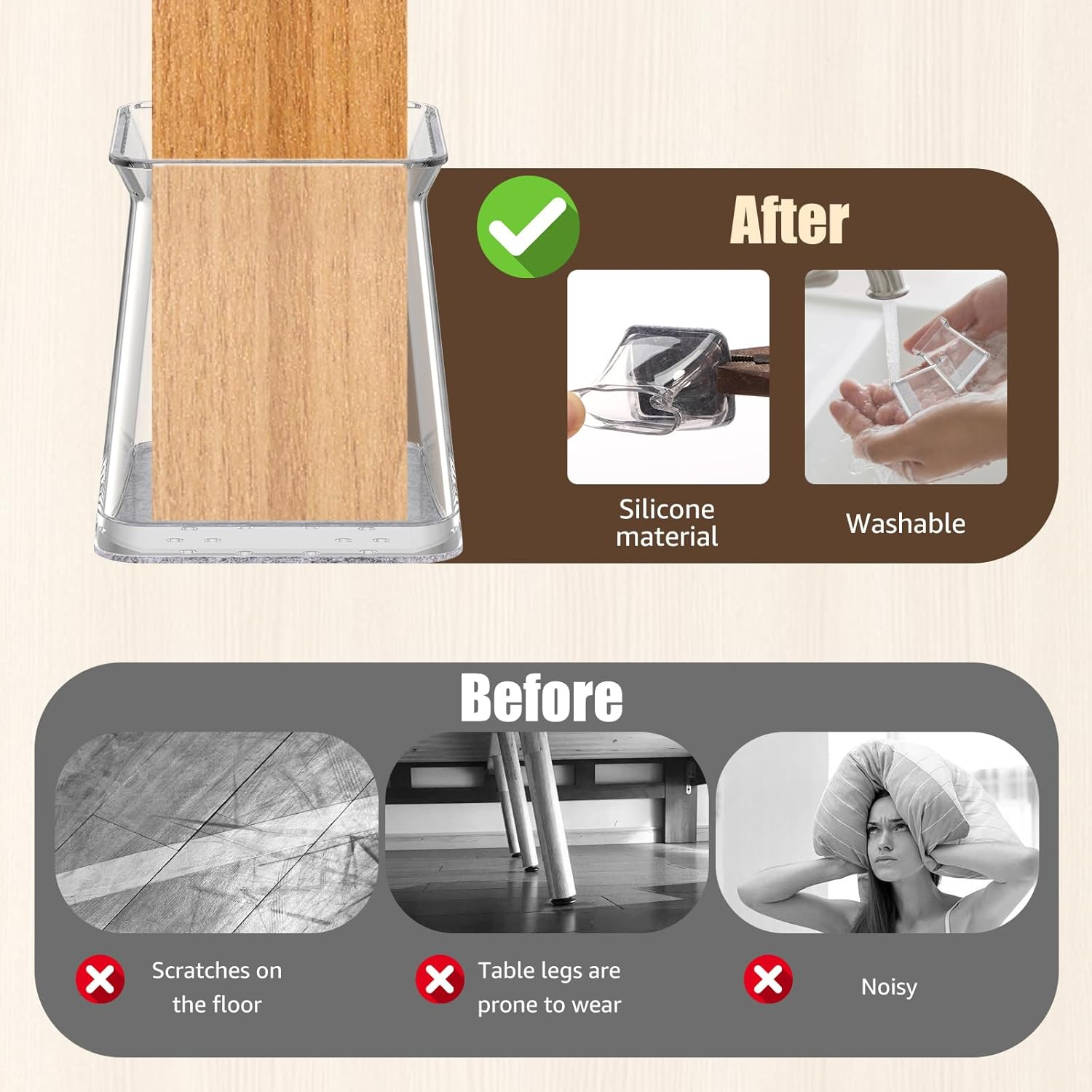 32 Pcs Chair Leg Floor Protectors, Square Silicone Felt Furniture Pads, Wear Resistant Furniture Leg Pads Caps Covers, Chair Leg Protectors Protect Wooden Floors from Scratching (Clear, M) image number 3