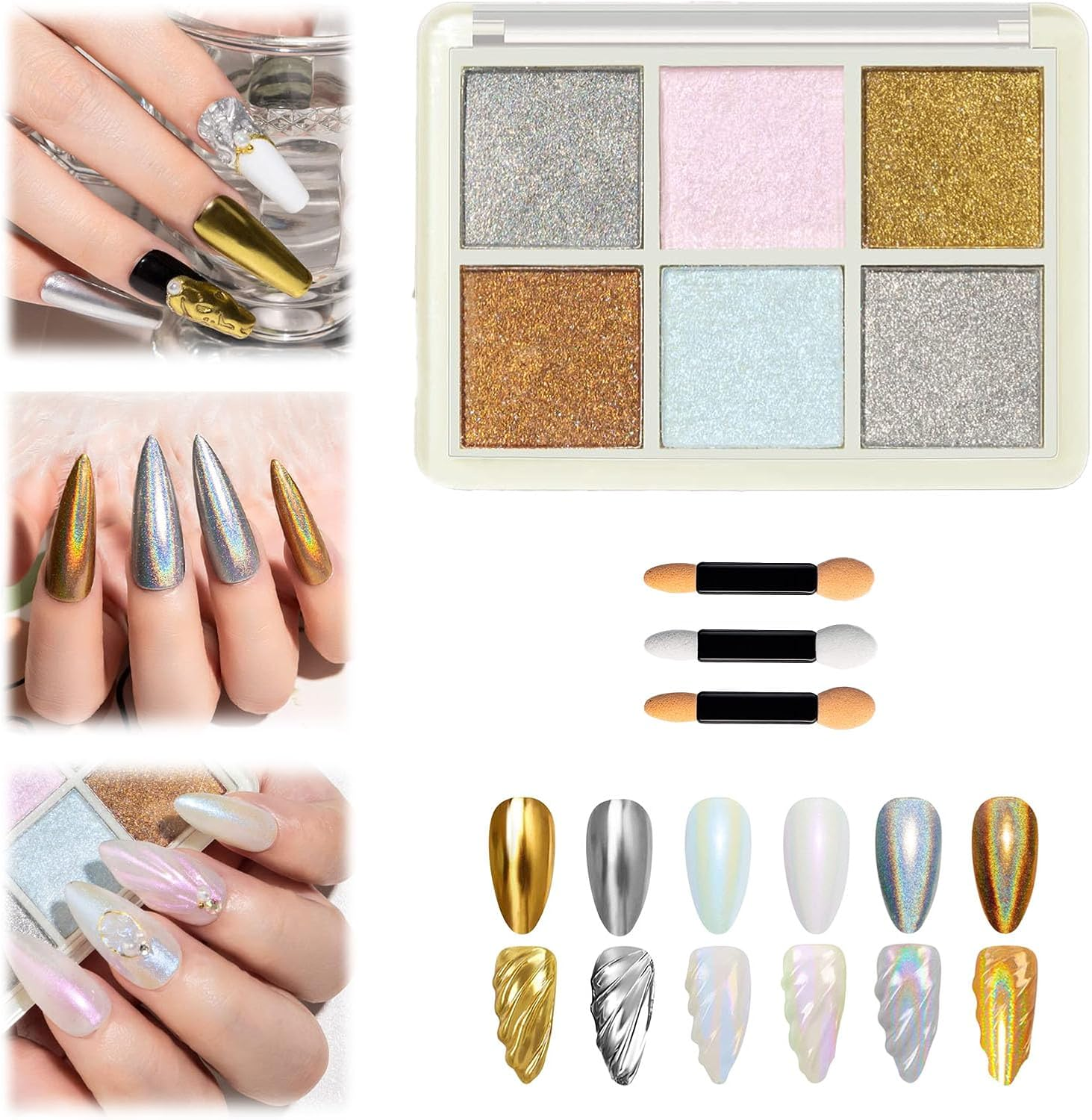 Lyvixora Chrome Nail Powder &ndash; Gold & Silver Iridescent Pearl Chrome Powder, Holographic Mermaid Glitter Pigment for Nails, Aurora Mirror Effect, 6 in 1 Set image number 1