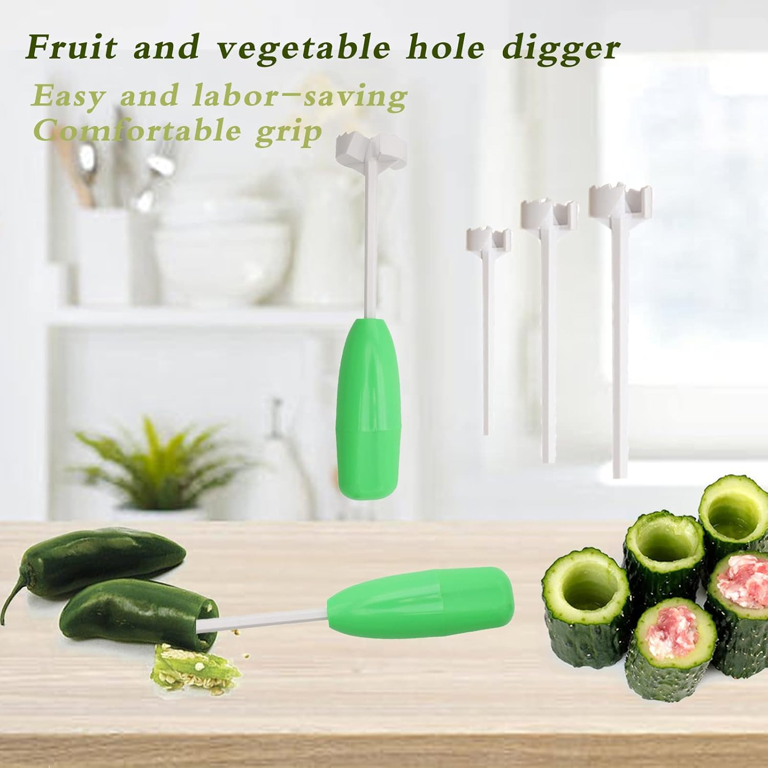 Zucchini Pumpkin Eggplant Vegetable Coring Tool 4-Piece Set with Replaceable Sizes - Kitchen Filling Seeder for Cucumber and Long Vegetables image number 6