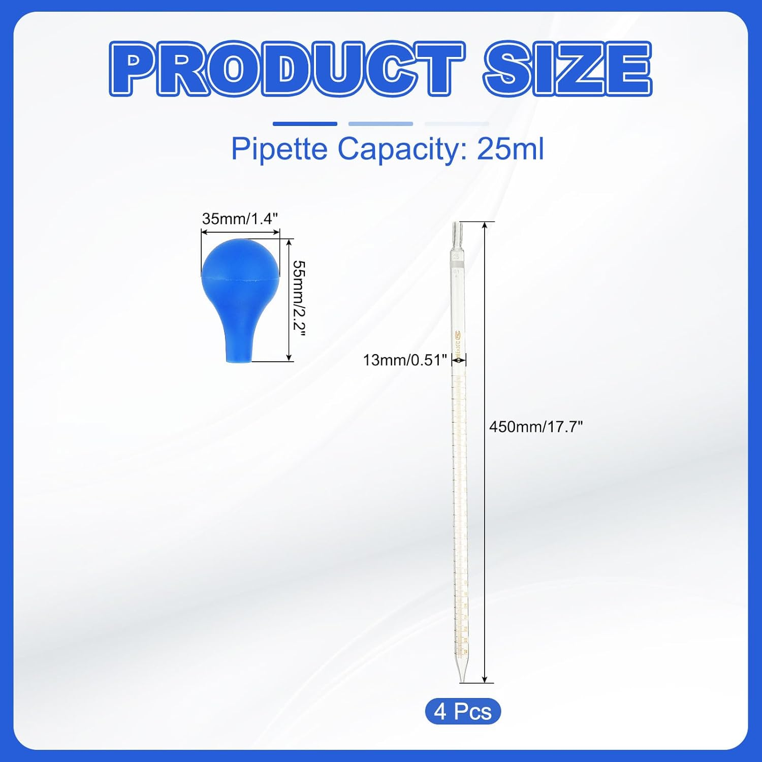 Uxcell Graduated Dropper Pipettes Kit, 4Pcs 25Ml Borosilicate Glass Pipette with Rubber Cap for Transfer Liquid for Lab, Chemistry, Clear