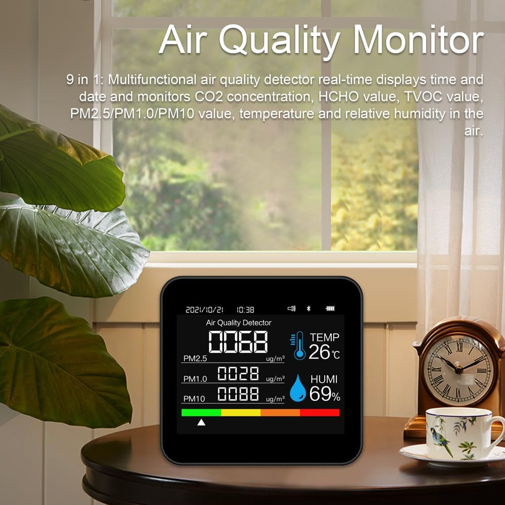 Nurdo 9 in 1 BT Air Quality Monitor CO2 Meter Carbon Dioxide Detector Time/Date CO2 TVOC HCHO PM2.5 PM1.0 PM10 Temperature Humidity Detection Support APP Control with Alarm Function image number 3