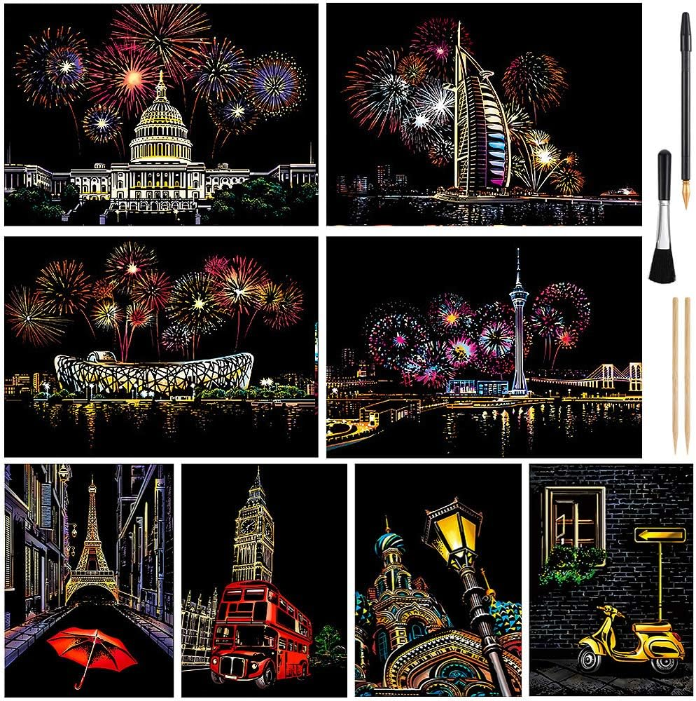 Scratch Art for Kids & Adults, Rainbow Engraving Painting Landscape Scratchboard(A4) Crafts Set: 8 Sheets with 4 Tools - New York, Statue of Liberty, Golden Gate Bridge, Manarola (America/Europe)
