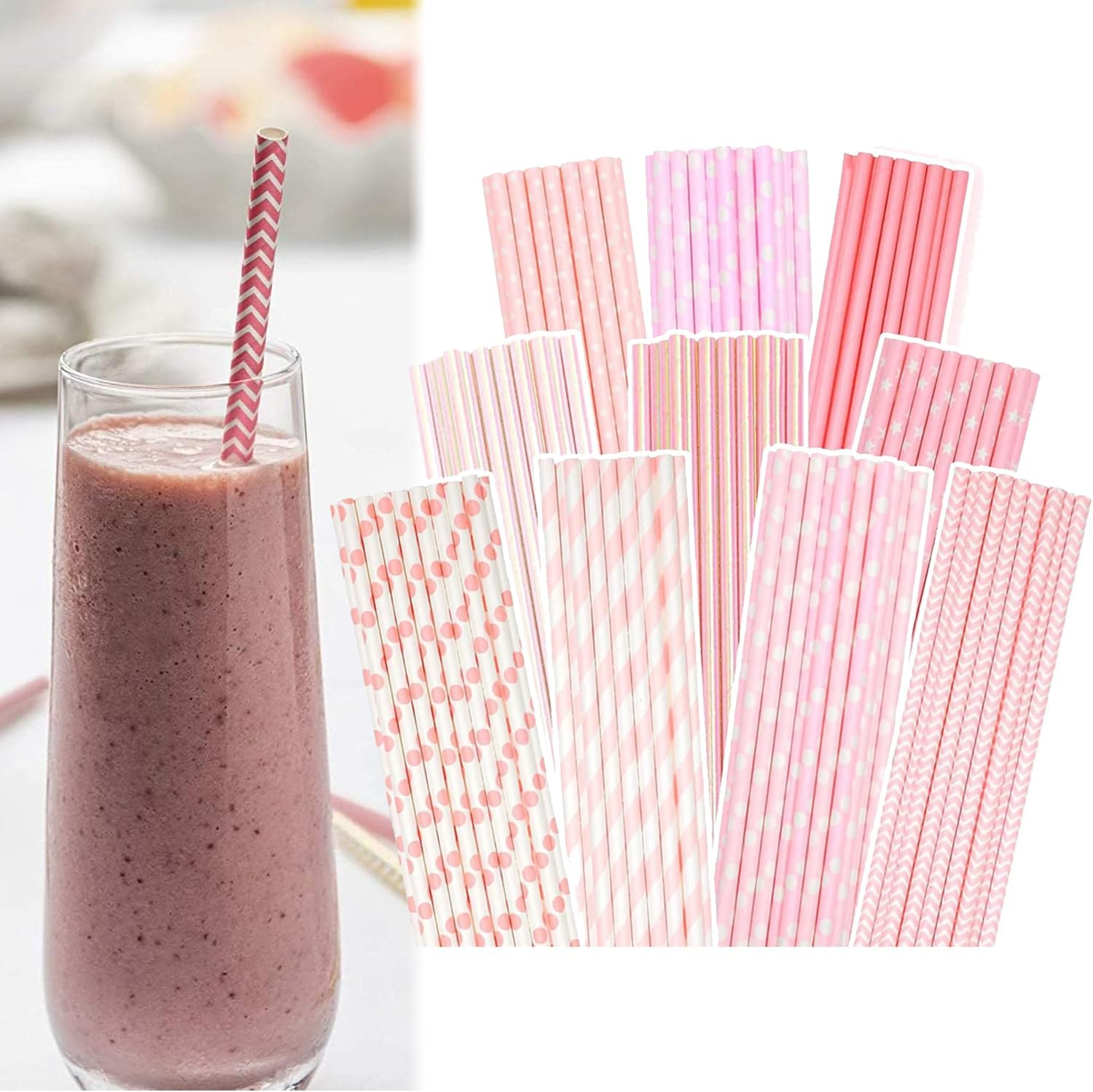 100 Pcs Paper Drinking Straws, Biodegradable Paper Straws for Juice, Shakes, Cocktail, Coffee, Milkshakes, Soda, Smoothies (A)
