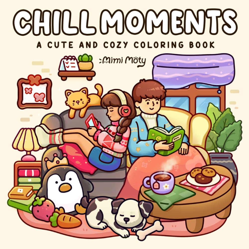 Chill Moments: a Cute and Cozy Coloring Book for Adults and Teens Featuring Girls and Boys in Relaxing Moments and Comfy Times for Stress Relief image number 1
