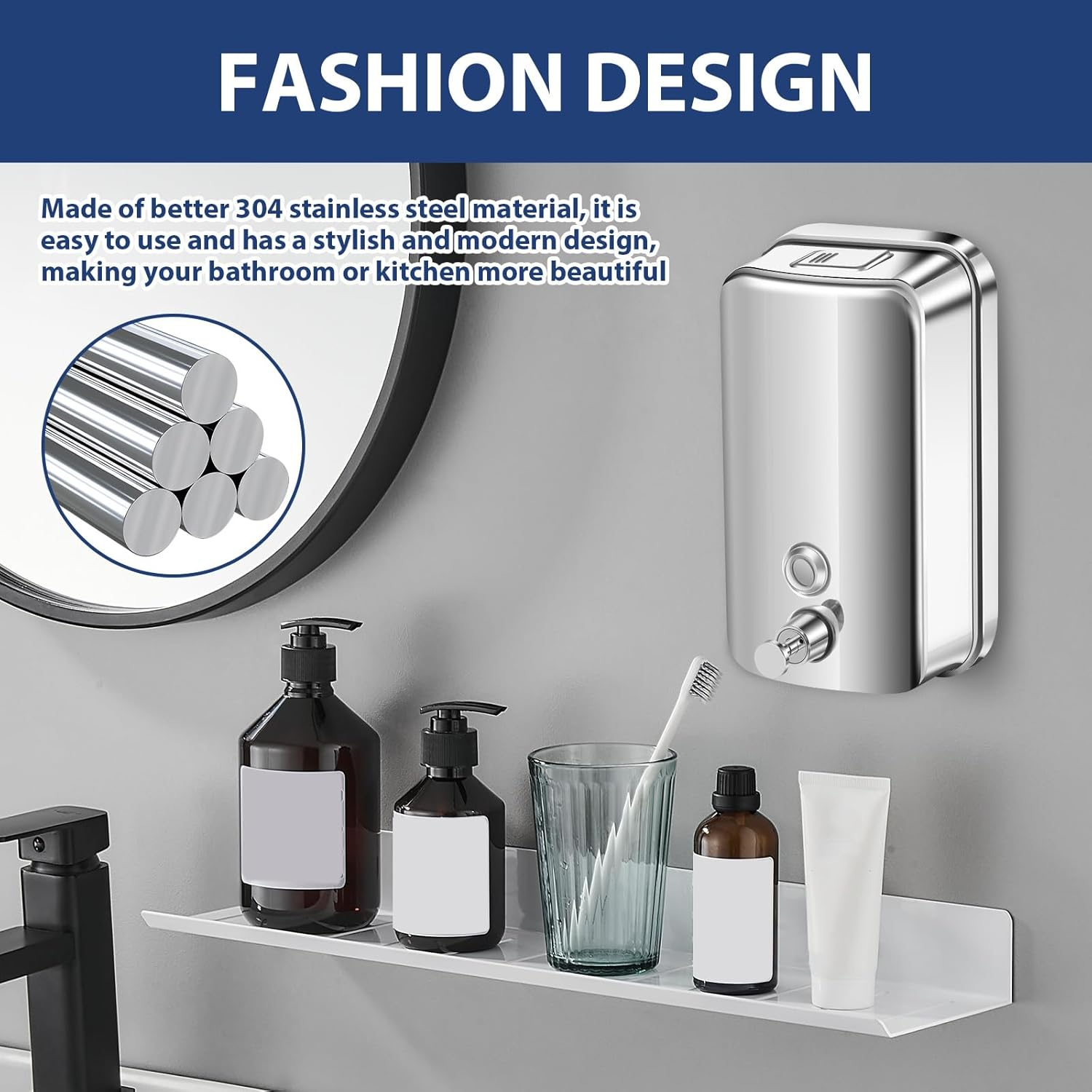 Commercial Soap Dispenser Wall Mount, Stainless Steel Manual Pump Liquid Rust-Proof Leak Free, 33.8Oz/1000Ml, Hand Sanitizer Dispenser for Hotels Restaurants Bathroom and Home image number 5