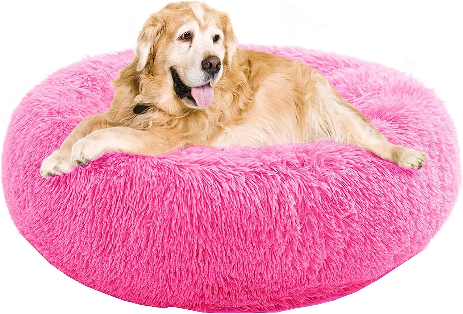 Calming Dog Bed for Small Medium Dogs,24 Inches Anti-Anxiety Donut Dog Cat Cuddler Bed Machine Washable Fluffy Luxury Anti-Slip Waterproof Mute Base Warming Cozy Soft Pet round Bed-Pink