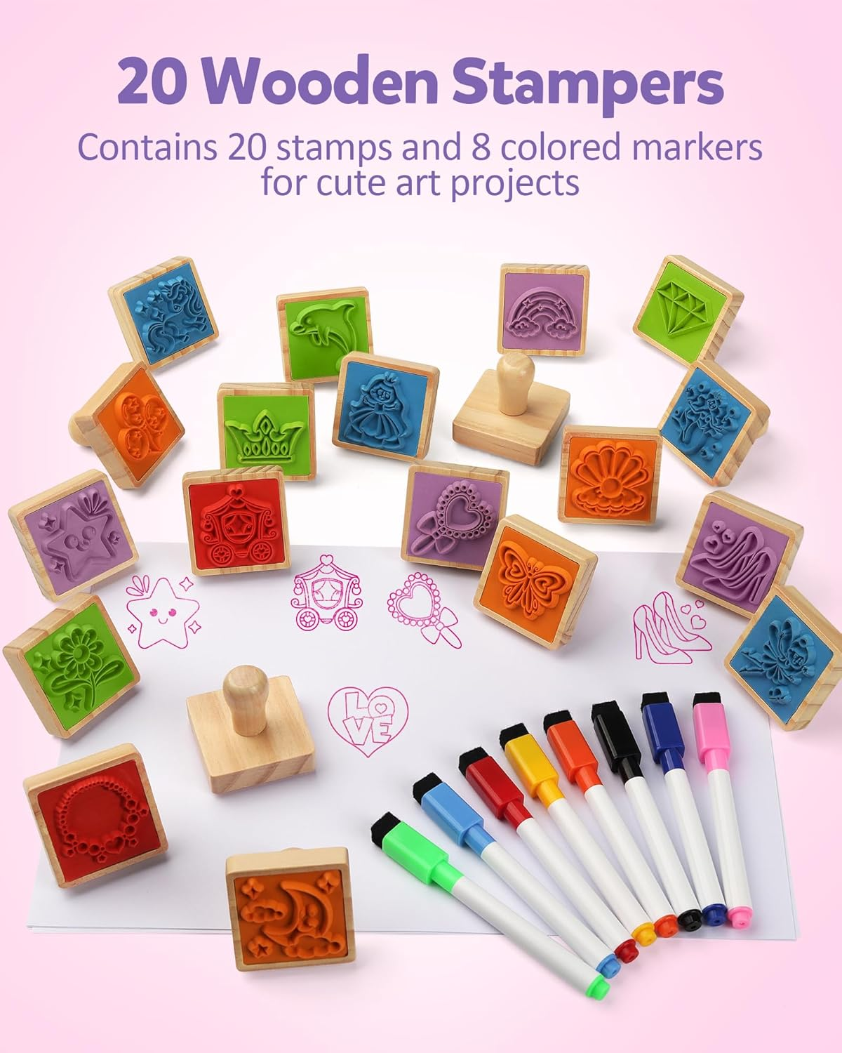 Coogam Wooden Stamp for Girls Friendship, 20Pcs Color Shape Unicorn Butterfly Mermaid Stamp Set with Markers, DIY Arts Crafts Printing Stamping Party Favor Toy for 3 4 5 Year Old Kids image number 5