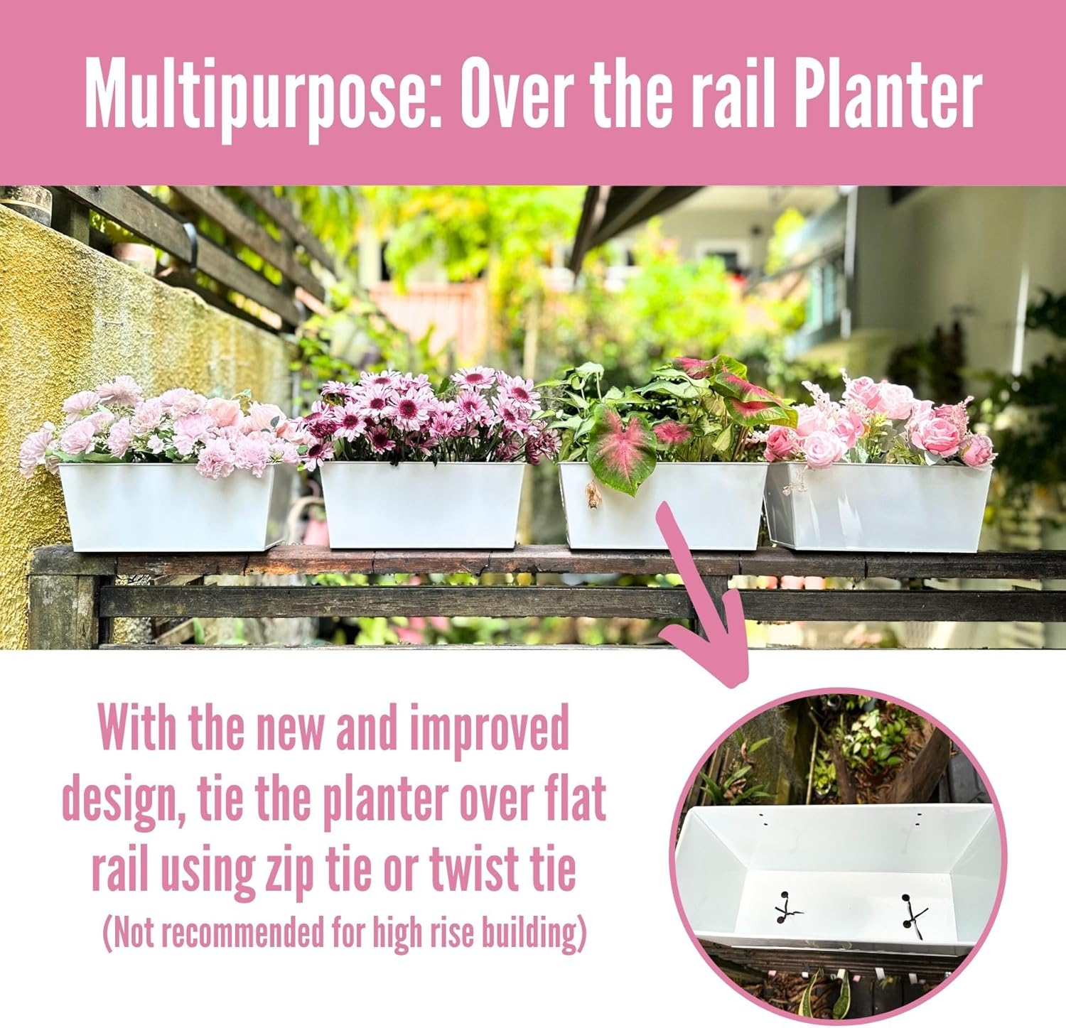 Lalagreen Rail Planter Box (4 Pack, 16 Inch) Large White Metal Hanging Flower Pots, Rectangle Outdoor Strawberry Plant Holder Window Balcony Deck Railing Fence Minimalist Farmhouse Countryside Style image number 1