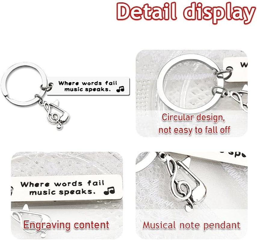 Music Keychain Gifts for Musicians & Lovers - Inspirational Teacher & Student Gift Ideas - Where Words Fail, Music Speaks image number 1
