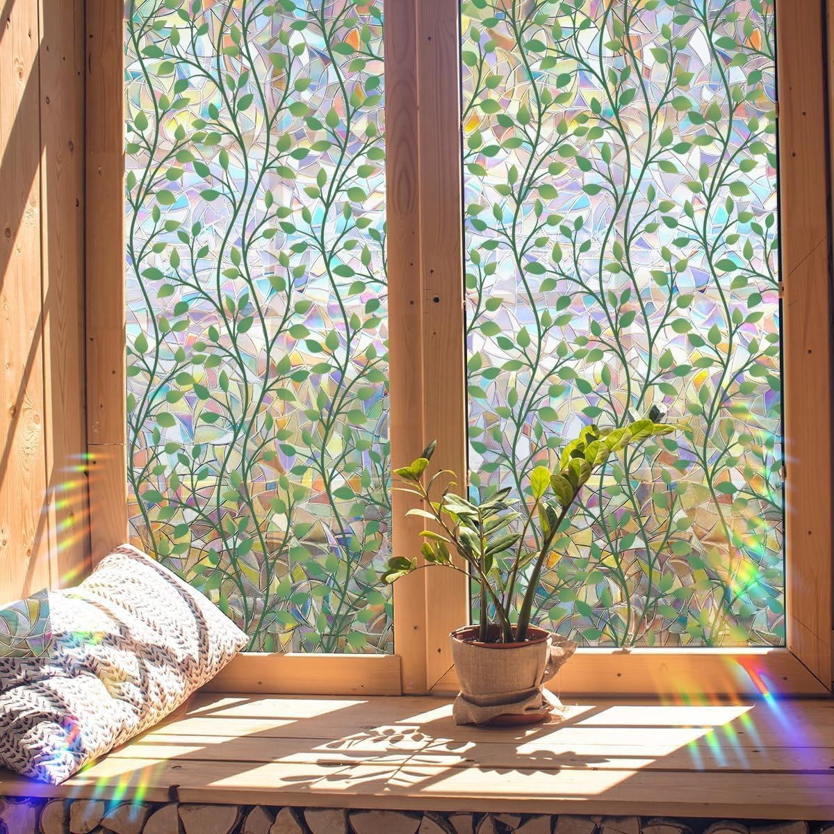 Window Stained Glass Film, Stained Glass Window Film, Window Privacy Films, Rainbow Glass Decals Stickers, Sun Blocking Window Clings for Home Office Living Room Window Door Decor (Leaves)