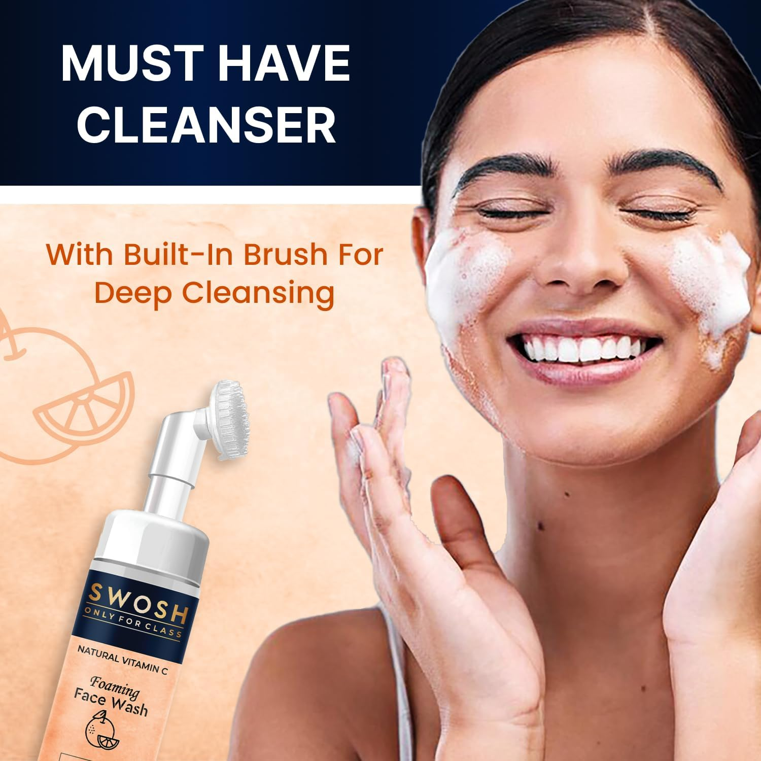 SWOSH Natural Vitamin C Foaming Face Wash for Pimple Prone & Oily Skin - No Parabens, Sulphate, Silicones & Colour (With Built-In Face Brush), 100 Ml/ 3.38 Fl Oz image number 2