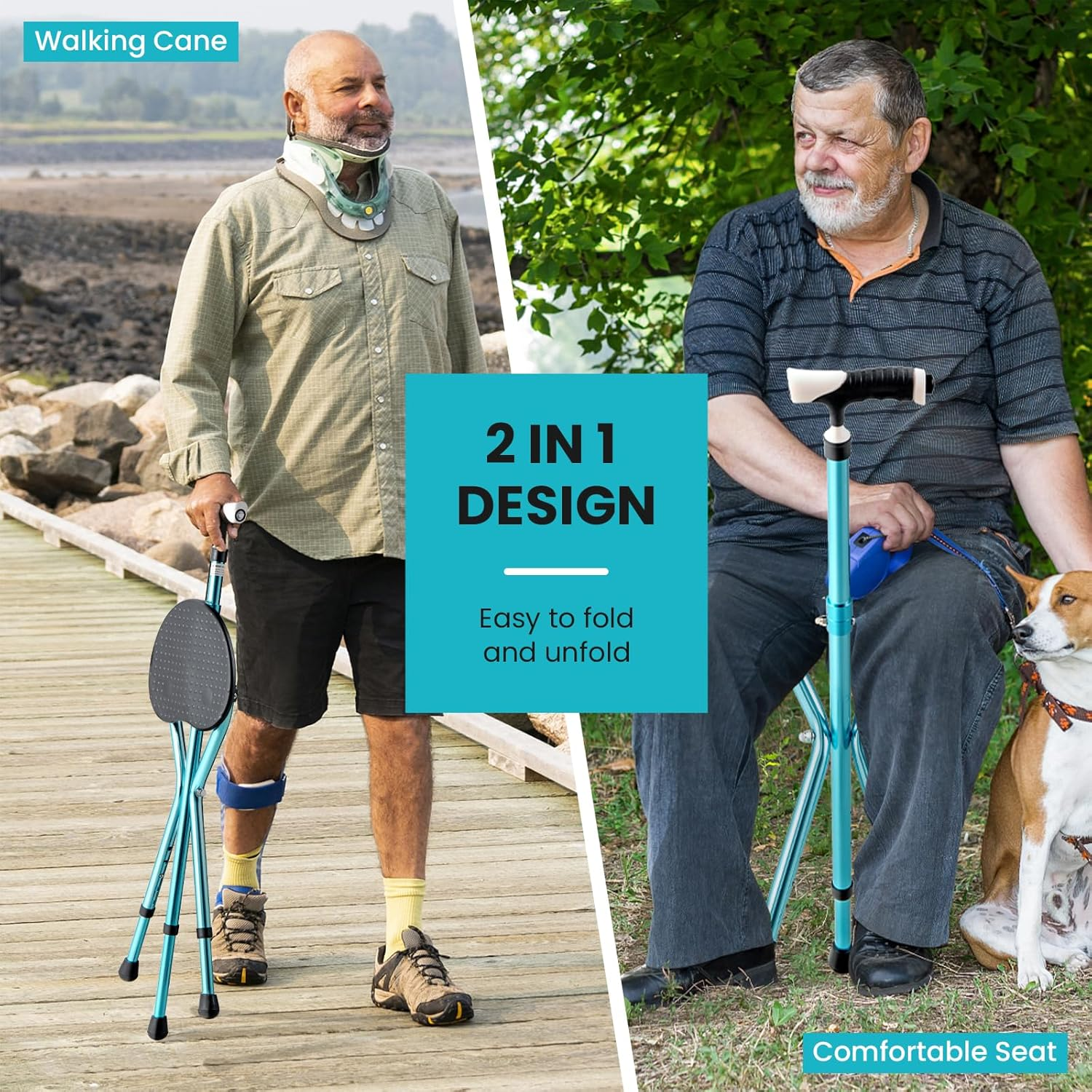 Costway Folding Cane Seat, Portable Multifunctional Aluminum Crutch W/LED Light & Ergonomic Handle, Height Adjustable Walking Stick, W/Massage Seat Board, Anti-Skid Pads - Coffee image number 3