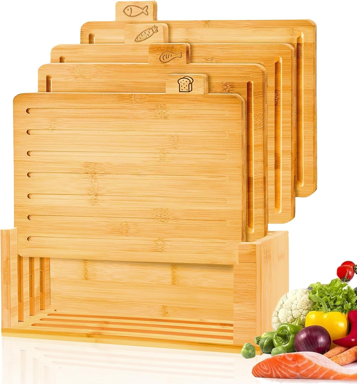 4 Pieces Bamboo Chopping Board with Stand, Thick Cutting Boards Set with Juice Groove, Serving Tray, Cheese Board Mats and Holder, for Cutting Meat, Fruits, Vegetables, Kitchen Tools Gadgets image number 1