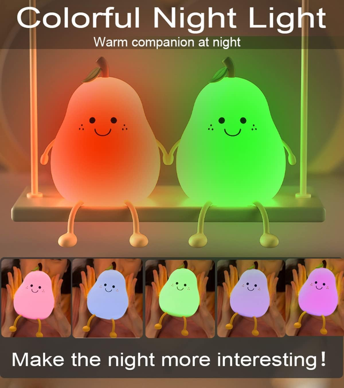 Night Light for Kids, Cute Silicone Pear Lamp,Super Squishy Silicone USB Rechargeable Touch Control 7 Colors Night Lamp, Kids Room Decor,Yellow (Pear) image number 3