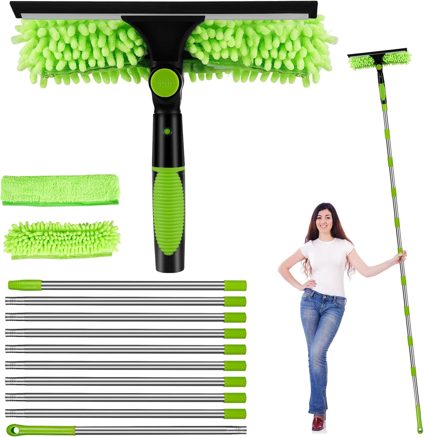 4.0M Telescopic Window Cleaning Poles Kit, Extendable Window Cleaner with Squeegee, 3 Microfibre Cloths, Long Reach Window Cleaning Equipment for Indoor & Outdoor High Windows, Cars, Walls (Green)