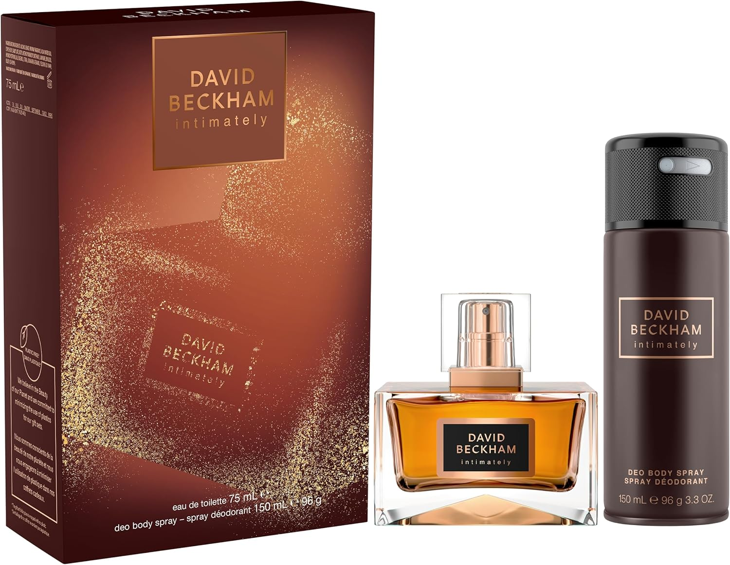 David Beckham Intimately Beckham Eau De Toilette and Deo Body Spray Gift Set for Men, Aromatic Ambery Fragrance, 75Ml and 150Ml