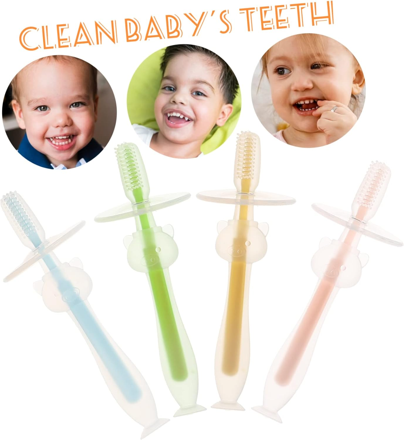 LIFKOME 4Pcs Silicone Baby Toothbrush Set Suction Base Soft Bristles Toddler Oral Cleaner for Newborns Infant Oral Care in Pink Yellow Green Blue image number 5
